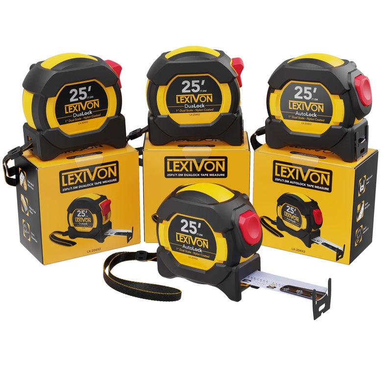 LEXIVON [4 عبوات] شريط قياس 25 قدم/7.5 متر، DuaLock و AutoLock | شفرة بعرض 1 بوصة مع طلاء نايلون، تشطيب غير لامع أبيض وأصفر مطبوع على الجانبين | قدم/بوصة/كسور/متر (LX-204X2) - Image 1